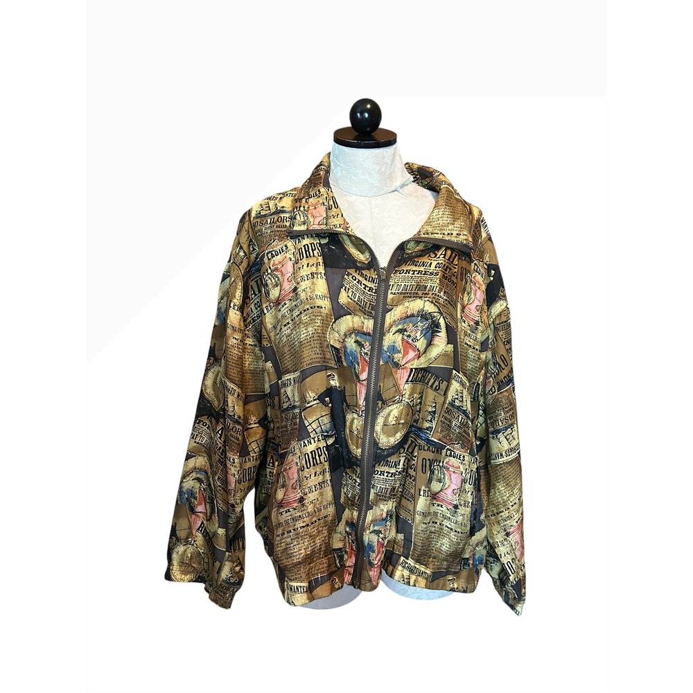 Activology‎ VTG Newspaper Print Bomber Jacket Nautical Sailor Womens SILK L